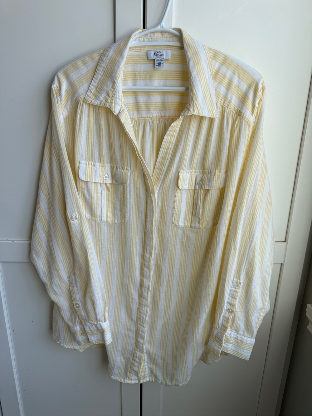 90s Butter Mom Cottagecore Yellow Striped 100% Cotton Button-Up Shirt Size XL
